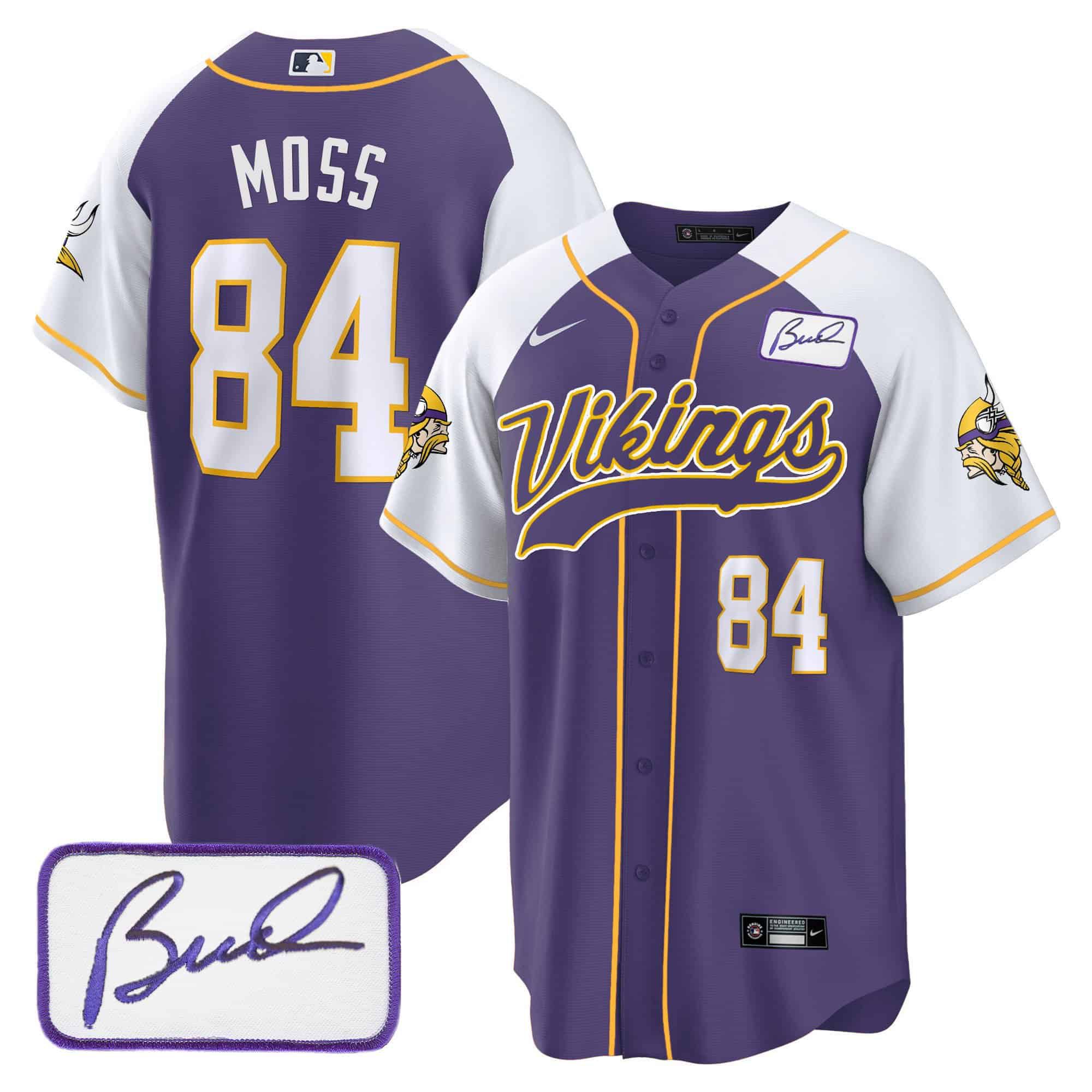 Men Minnesota Vikings 84 Moss Purple 2024 Nike Bud Grant Patch Classic Baseball NFL Jersey